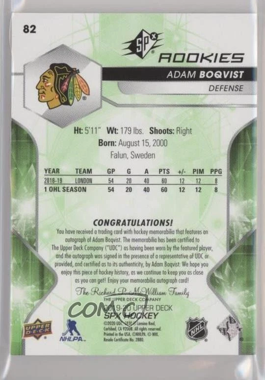 2019-20 SPx Rookies Premium Material Autos /35 Adam Boqvist #82 Rookie Auto RC - Image 2 of 2