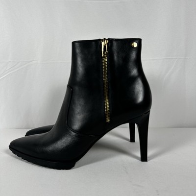 Calvin Klein BIONDA Black Leather Ankle Boots Double Zippers Pointed Toe 9M