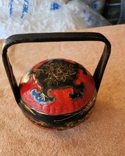 Vintage Chinese Hand Painted Black Red Lacquer Bamboo Wedding Basket