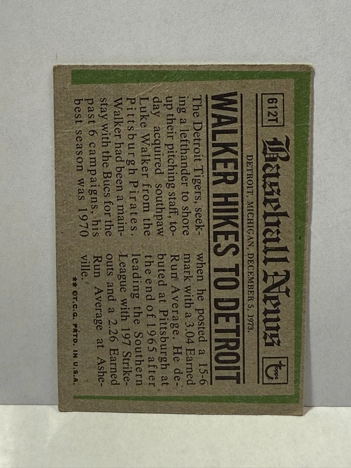 Luke Walker #612T Multiple error card 1974 Topps - Traded - Image 2 of 4