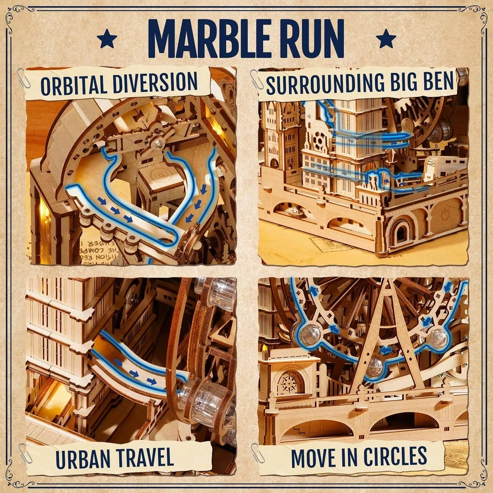 ROKR Marble Run London - 3D Wooden Puzzle with LED & Mechanics | 431 Pieces | Big Ben - Image 3 of 4