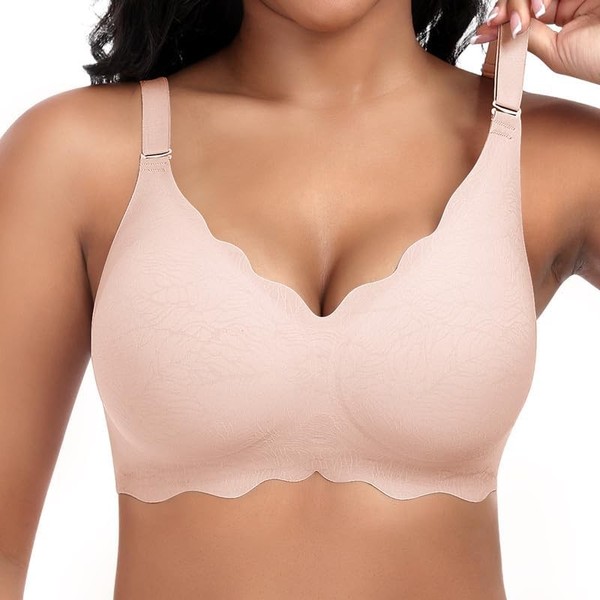 Damen Bh Ohne BüGel Spitzen Gepolstert V-Ausschnitt Nahtlos Beige GrößE M-image