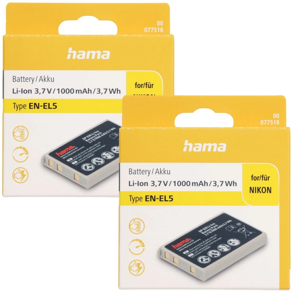 2x Hama Li-Ion Akku passend für Nikon EN-EL5 CoolPix P510 P520 P530 P5000 P5100 - Bild 1 von 2
