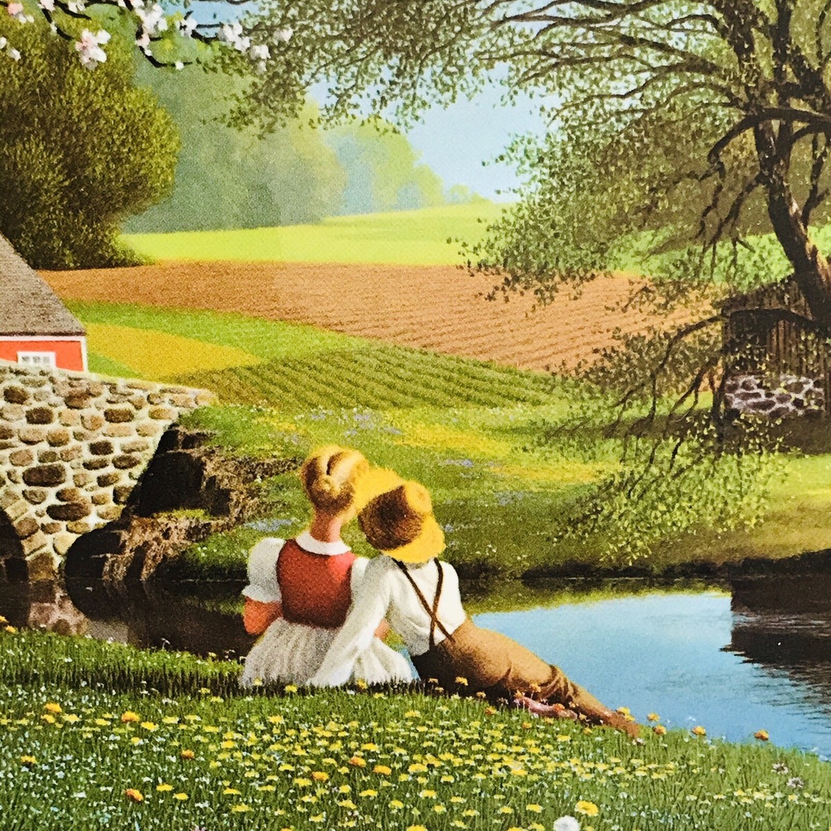 Paul Detlefsen Spring Blossoms Wood Plaque 1968 Vintage Boy Girl