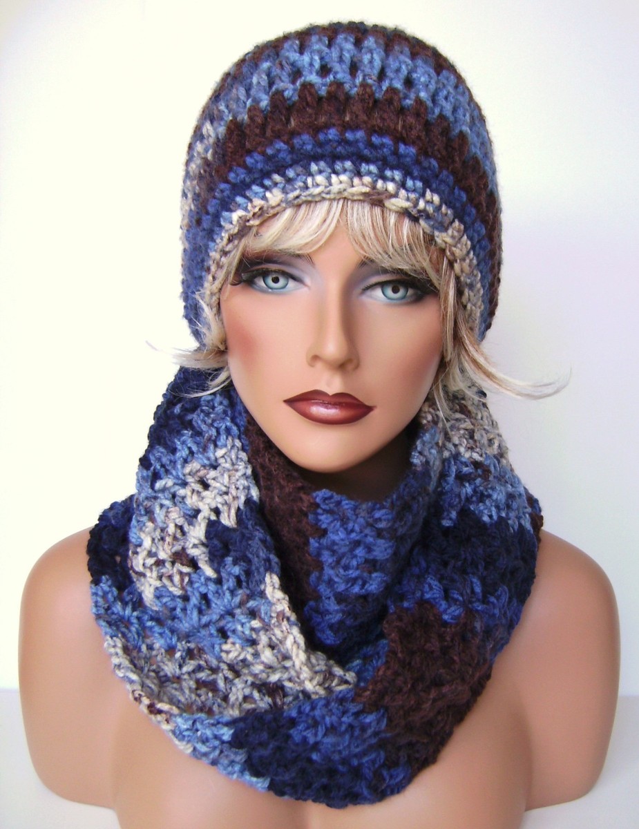 BLUE BROWN MULTI HAND CROCHET HAT AND INFINITY SCARF SET HAND MADE