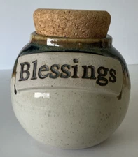 Tumbleweed Pottery  Stoneware Jar w/ Cork Lid Piggy Bank "Blessings"
