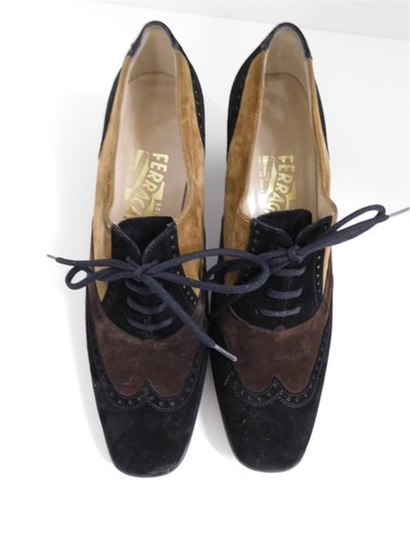 Oxford Salvatore Ferragamo nero marrone marrone pelle scamosciata punta ala 7,5 B Italia - Foto 3 di 6