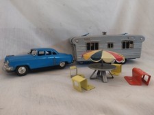 VTG 1950'S SSS/JAPAN PRESSED STEEL BLUE ENAMEL FRICTION TOY CAR, CAMPER  FURN