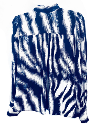 Blue + White Unusual Surrealist Print Vintage 80s Silk Blend Long Sleeve Blouse - Picture 3 of 6