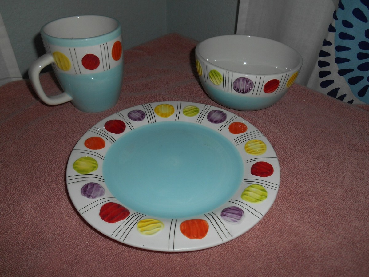 12pc Laurie Gates Ware Set Plates Bowls Mugs Blue Polka Dots