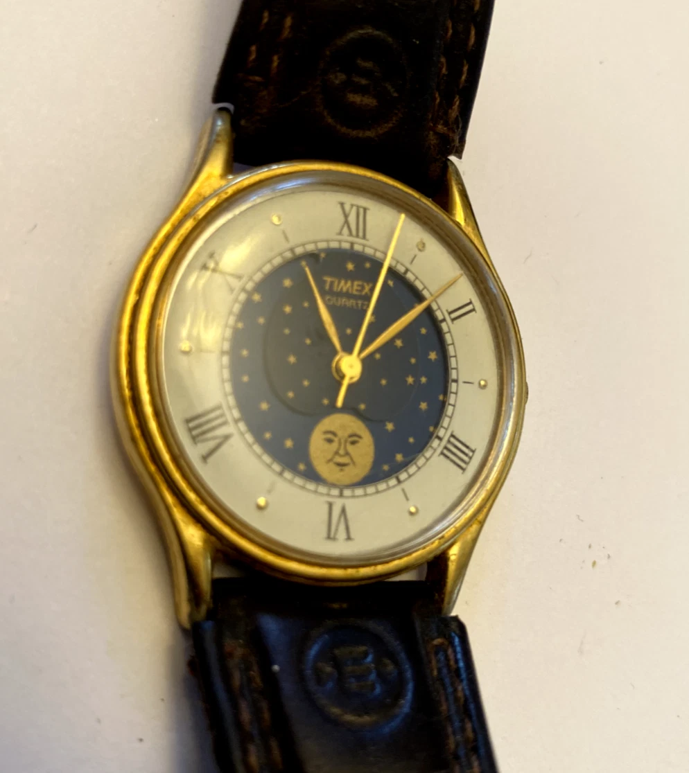 Timex M Cell Moon Phase Watch Gold Tone Rare Vintage WORKS New Battery