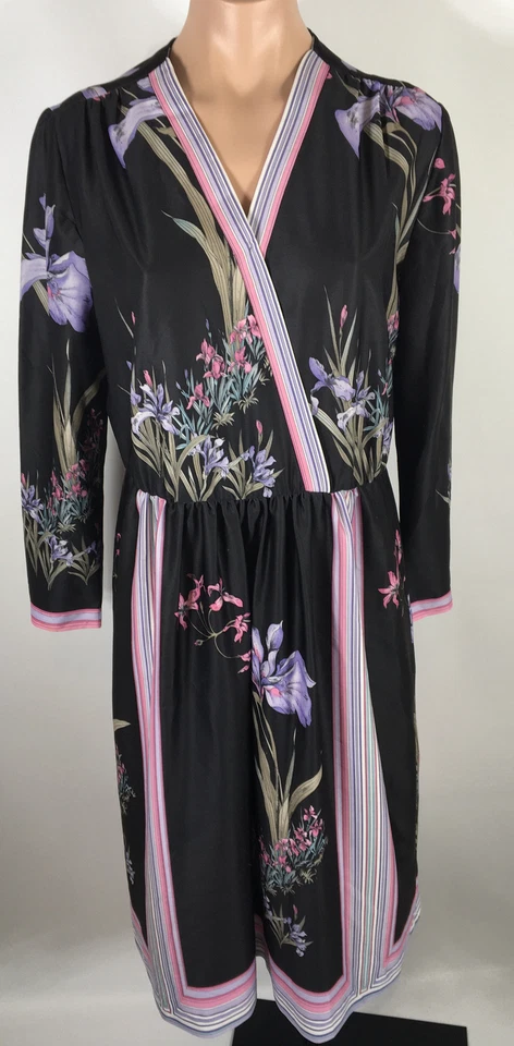 复古 UNION 60 年代 70 年代 MOD 长袖衬衫长衫黑色花卉连衣裙 14 — 第 3/4 张图片