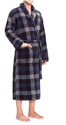 Majestic International Mens Plush Fleece Robe Blue Charcoal Check