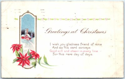 Postcard - Flowers and Snow Scene Art Print with Poem - Greetings at Christmas