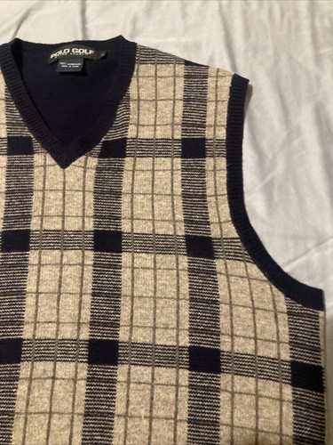 Vintage POLO GOLF Ralph Lauren 100% Lambs Wool Sweater Vest Large Dark Blue/Gre - Picture 5 of 12