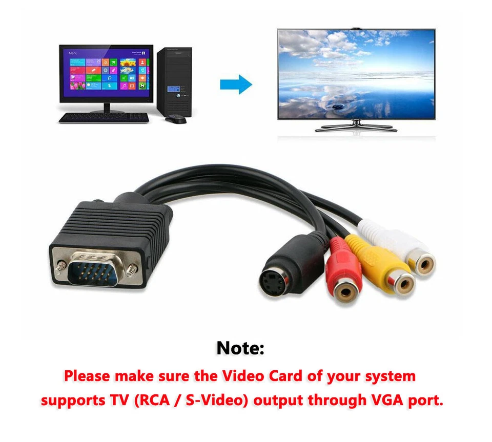 VGA 15Pin SVGA to 3RCA S-Video Plug Adapter Cable PC Laptop to TV Composite Cord - Image 3 of 3