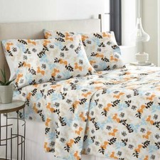 Orange Brown Blue Leaves 4 pc Flannel Sheet Set Twin XL Full Queen Cal King Bed