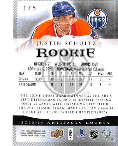 2013-14 Artifacts Sapphire #175 Justin Schultz /85 - Picture 2 of 2