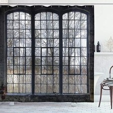 Fabric Shower Curtain Window Printed Waterproof Bathroom Decor with 12 Hoooks