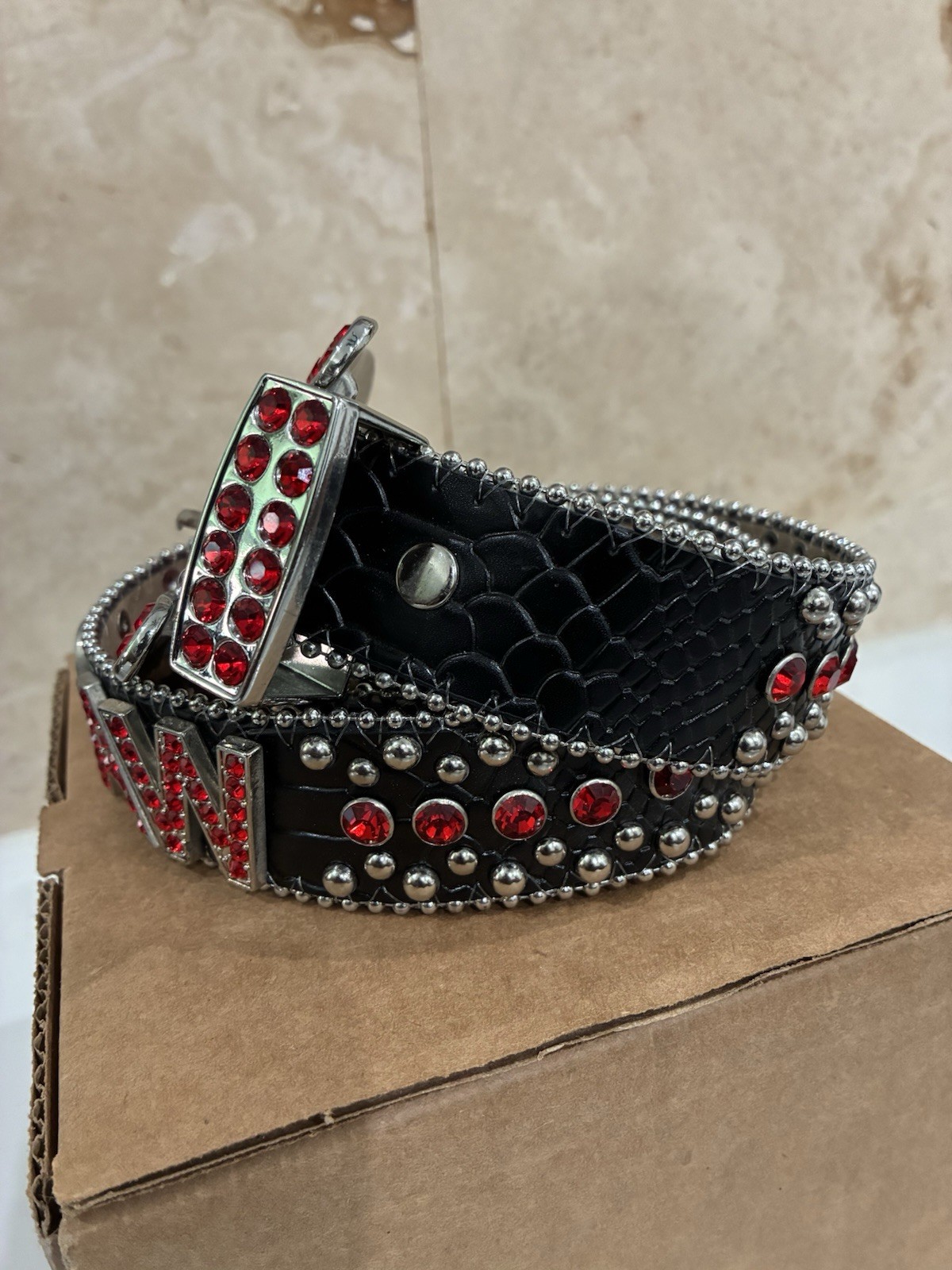 (Rare)RAW Genuine Leather Rhinestone Belt Medium Black XL Studded BB Simon image 4