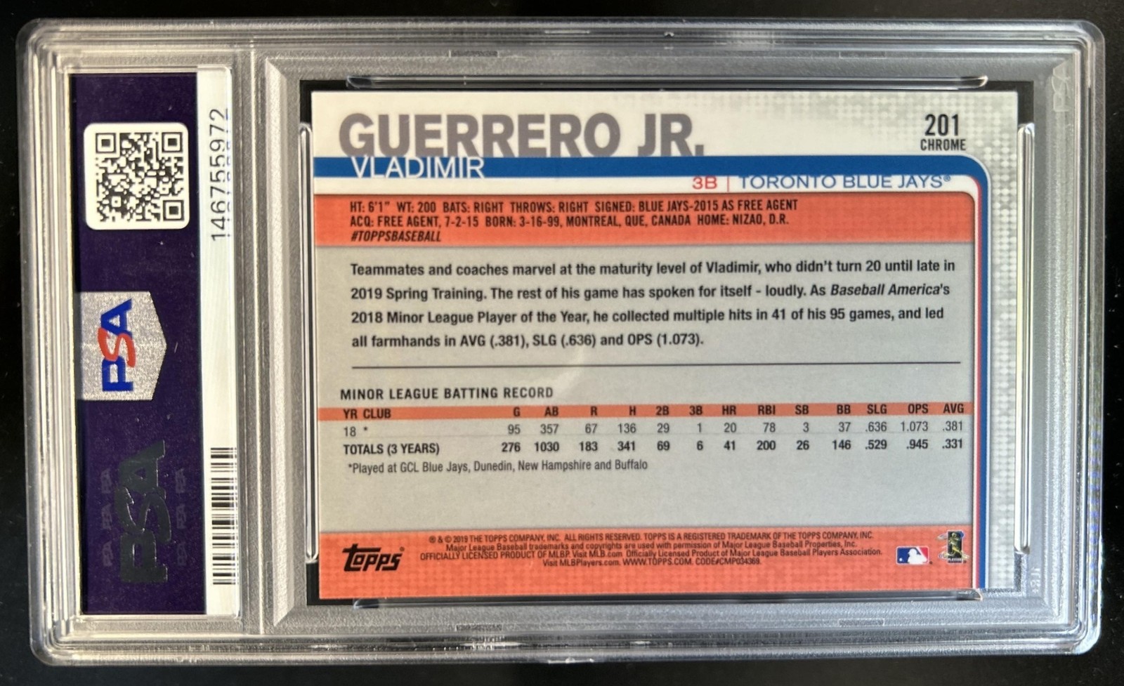 2019 Topps Chrome Vladimir Guerrero Jr. RC Rookie #201 Blue Jays PSA 8 view 2