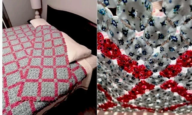 Edredón y funda de almohada YO-YO hecha a mano de colección azul rosa era de la depresión 76x84" Foto 2 de 4