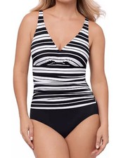 Swim Solutions Women's Striped Tummy-Control One-Piece Swimsuit Blk/Wht Size 16