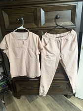 Jaanuu Women s Solid Pink Polyester Scrub Set Top Pants Size M