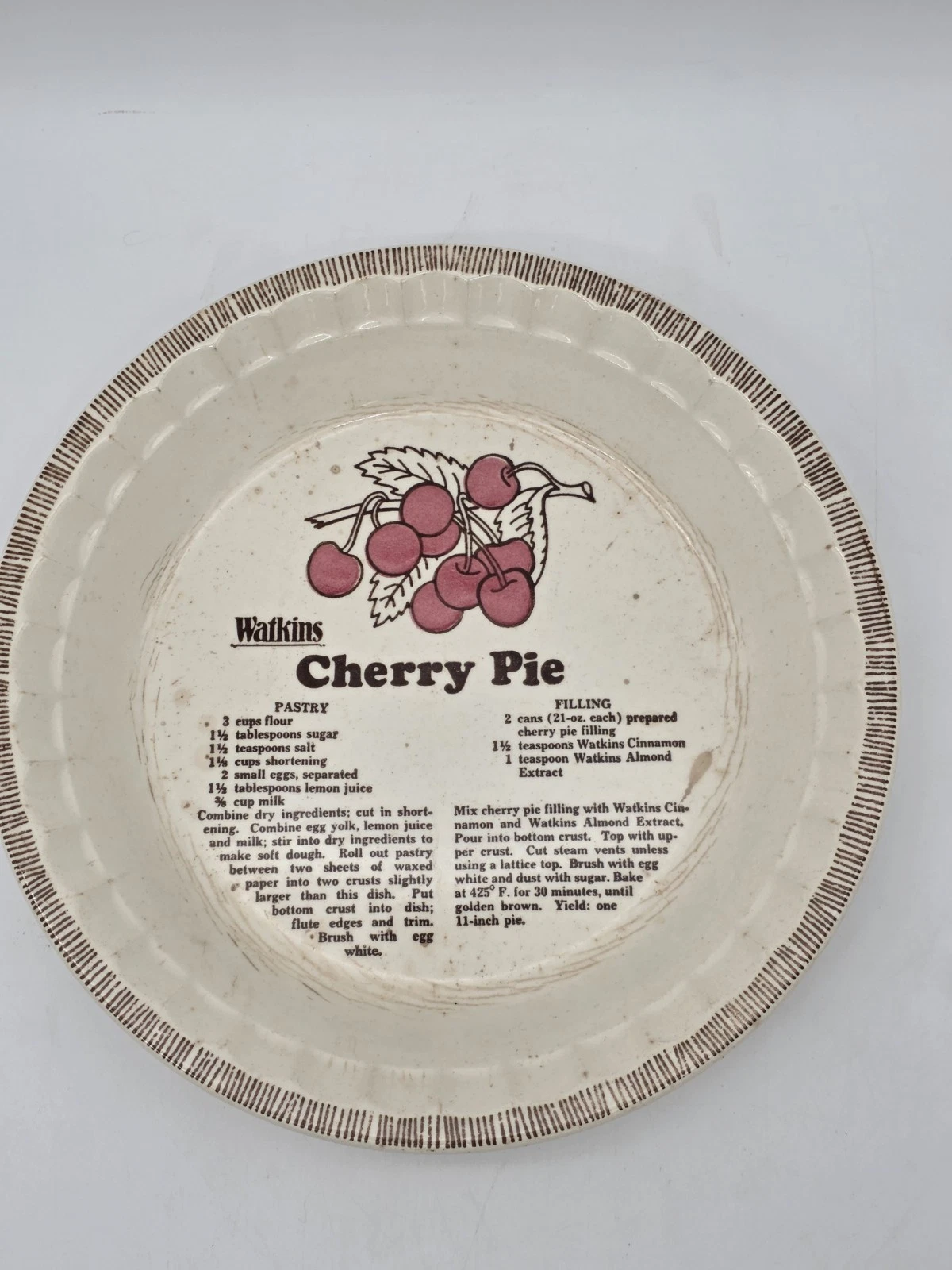 Vintage Watkins 11” Ceramic CHERRY PIE Plate Dish w/Recipe