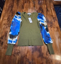 NWT DKNY Dark olive green sweater with ink swirl pattern sleeves Size XS