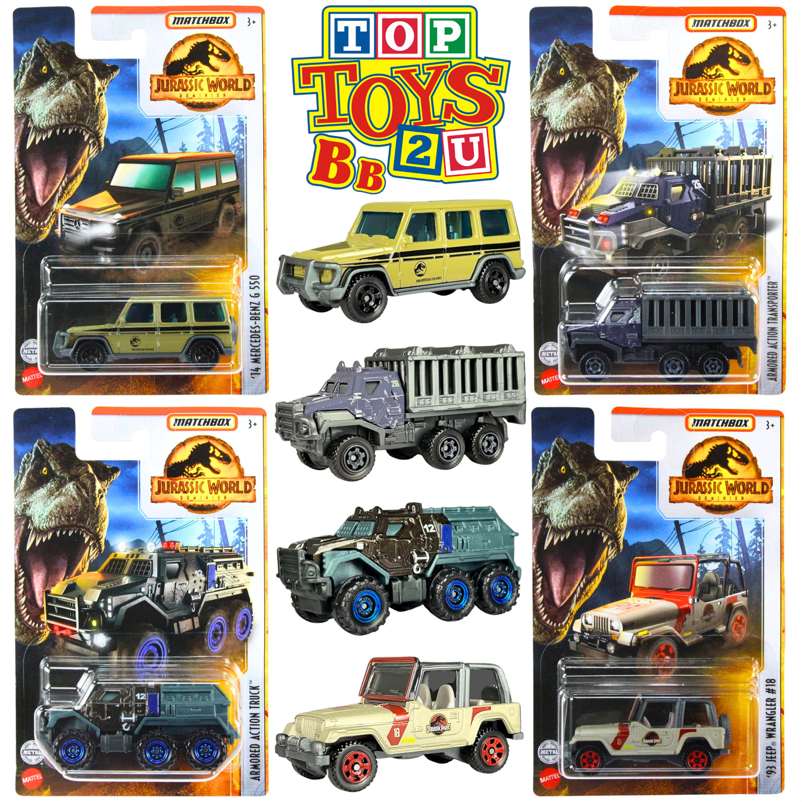 Jurassic World Matchbox Diecast 1:64 Scale Model Vehicle Toys - Pack of 4