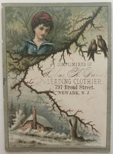 Antique Trade Card Chas. H. Davis Clothier Newark NJ Victorian Boy Birds Tree