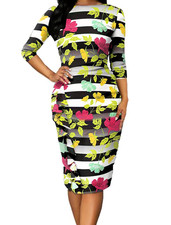 NEW Womens Ruffled Floral Striped Midi Pencil Dress 3/4 sleeve ladies sz S