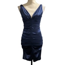 Vintage Nicole Miller Y2K Dress Blue Satin Ruched Fitted Mini Size 6 Event Hoco