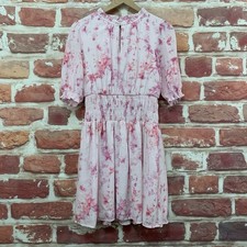 Nine West Dress Womens Medium Pink Multicolor Abstract Ruffle Smocked Popover