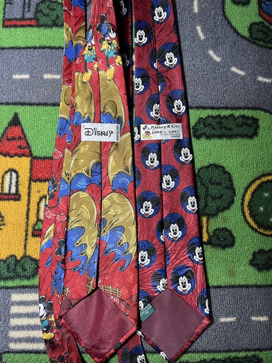 90s Disney Men’s Mickey Mouse Silk Woven Tie Lot 2pc Red Blue Gold Logo