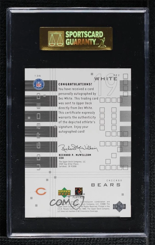 2000 UD Graded SGC /500 Dez White #136 SGC 96 MINT 9 Rookie Auto RC - Image 2 of 2