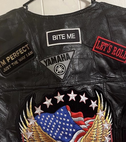 Italian Stone Design Genuine Leather Biker Motor Vest With Patches Size XL Black - Picture 8 of 12