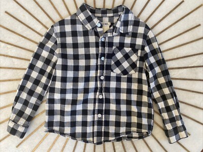 Cherokee Boys Dress Shirt Black White Plaid Button Down 100% Cotton Size  5T