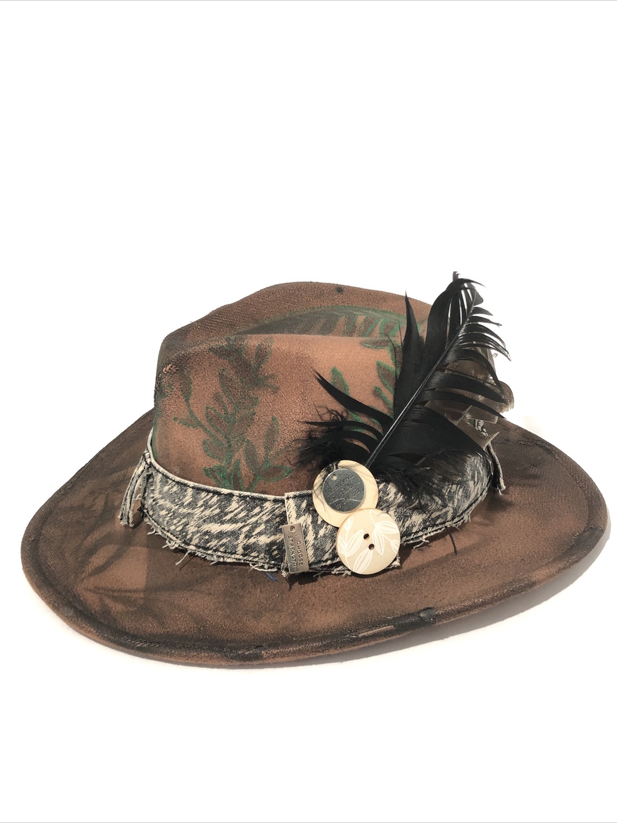 Sombrero Fedora Occidental Personalizado Tazzle’s 1 de 1 para Mujer-Fieltro Marrón, Plumas, Banda, Dije-image