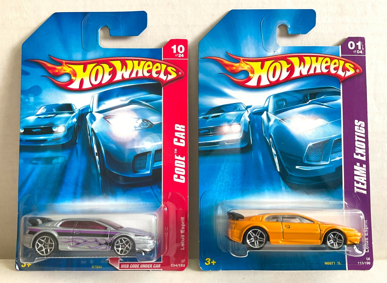 Hot Wheels LOTUS ESPRIT Lot! 2008 Team Exotics YELLOW & 2007 Code Cars SILVER