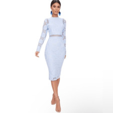 PrettyLittleThing Blue Mock Neck Sheath Dress with Bishop Sleeves