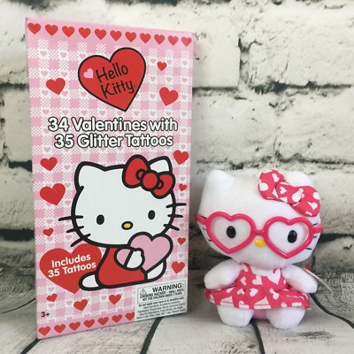 TY Hello Kitty Beanie Plush Pink Heart Glasses Glitter Tattoo 34 Valentine Card 