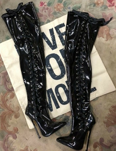 10 schwarze Lack Overknee Stiefel 6,5" Stilettoabsatz Schnürung kantig gewagt Fetisch - Bild 1 von 6