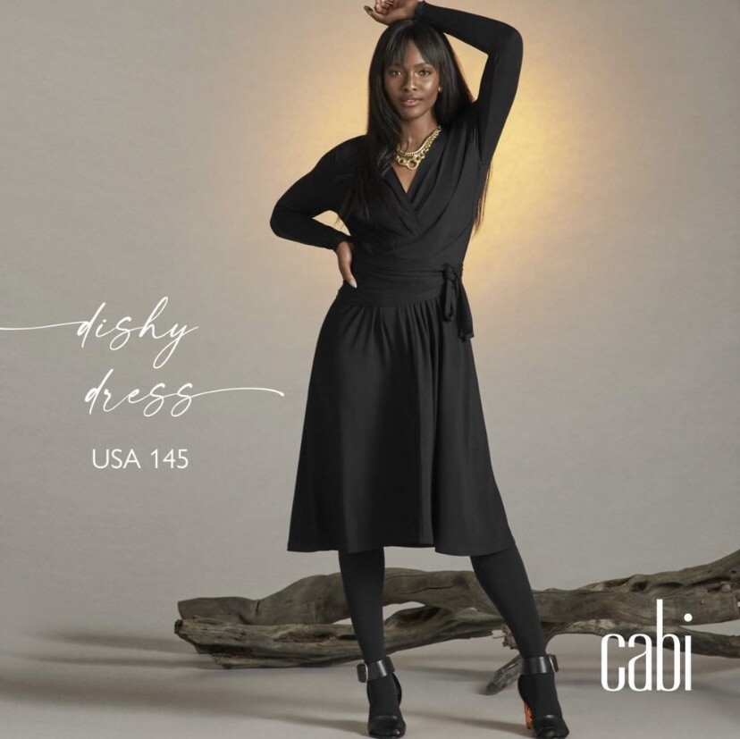 Cabi Dishy Dress Black S Faux Wrap Long Sleeve Midi Skater Whitchy Goth  Casual | eBay