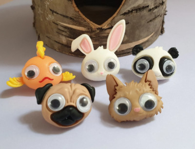 Süße Googly Eyes Tier Pins. Mops Hund, Katze, Goldfisch Fisch, Hase Kaninchen, Panda B