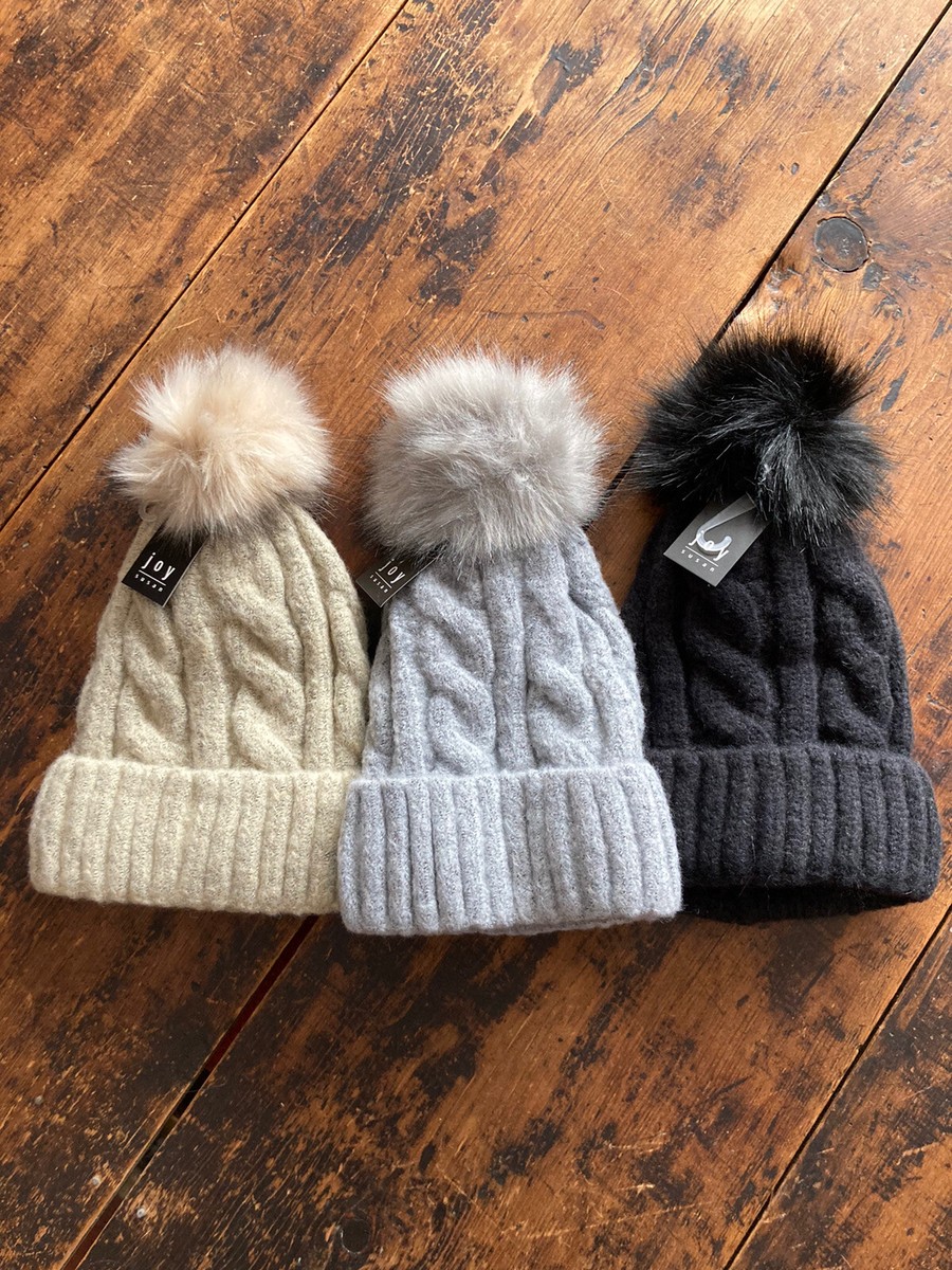 Joy Susan Black Cable Knit Pom Pom Beanie Hat-Fleece Lined  display picture 2