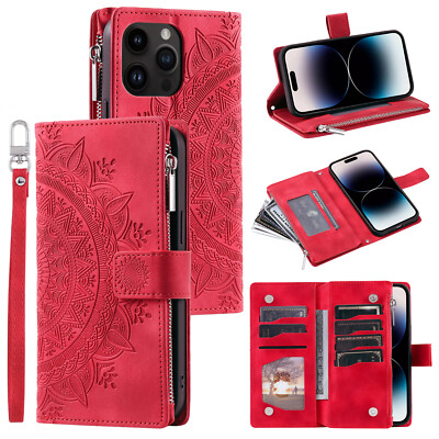 For iPhone 17 16 15 14 Pro 13 12 11 8 Zipper Wallet Crossbody Strap Leather Case