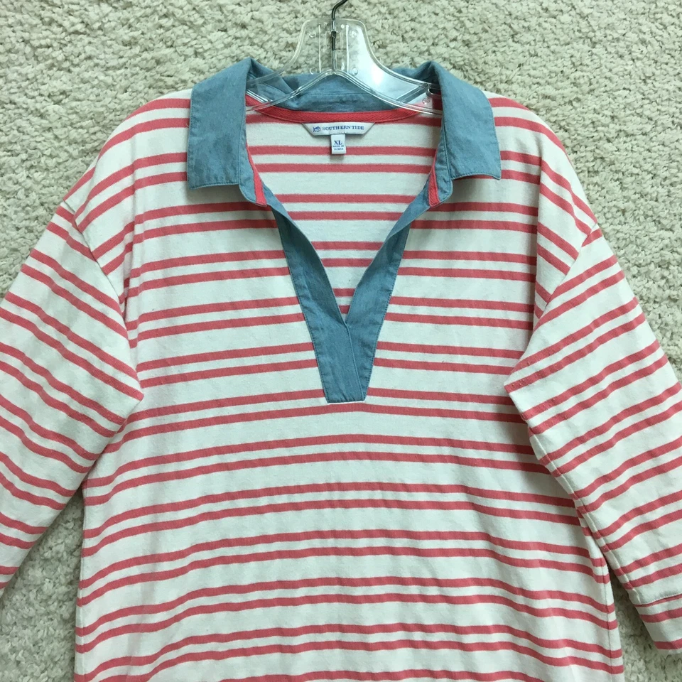 Camisa de vestir polo Southern Tide extra grande roja a rayas manga larga elástica para mujer Foto 2 de 4
