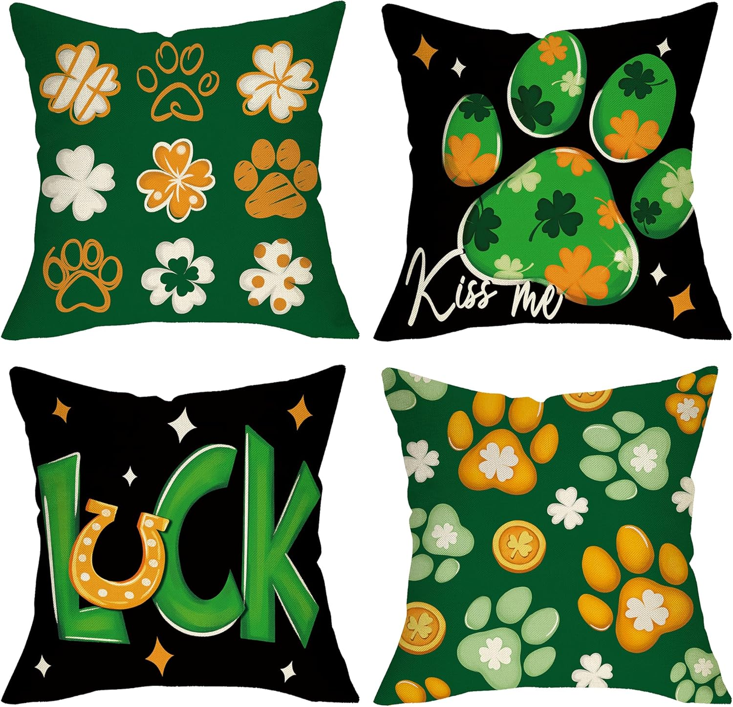 St Patricks Day Dog Cat Paw Prints 18×18 Throw Pillow Covers Set